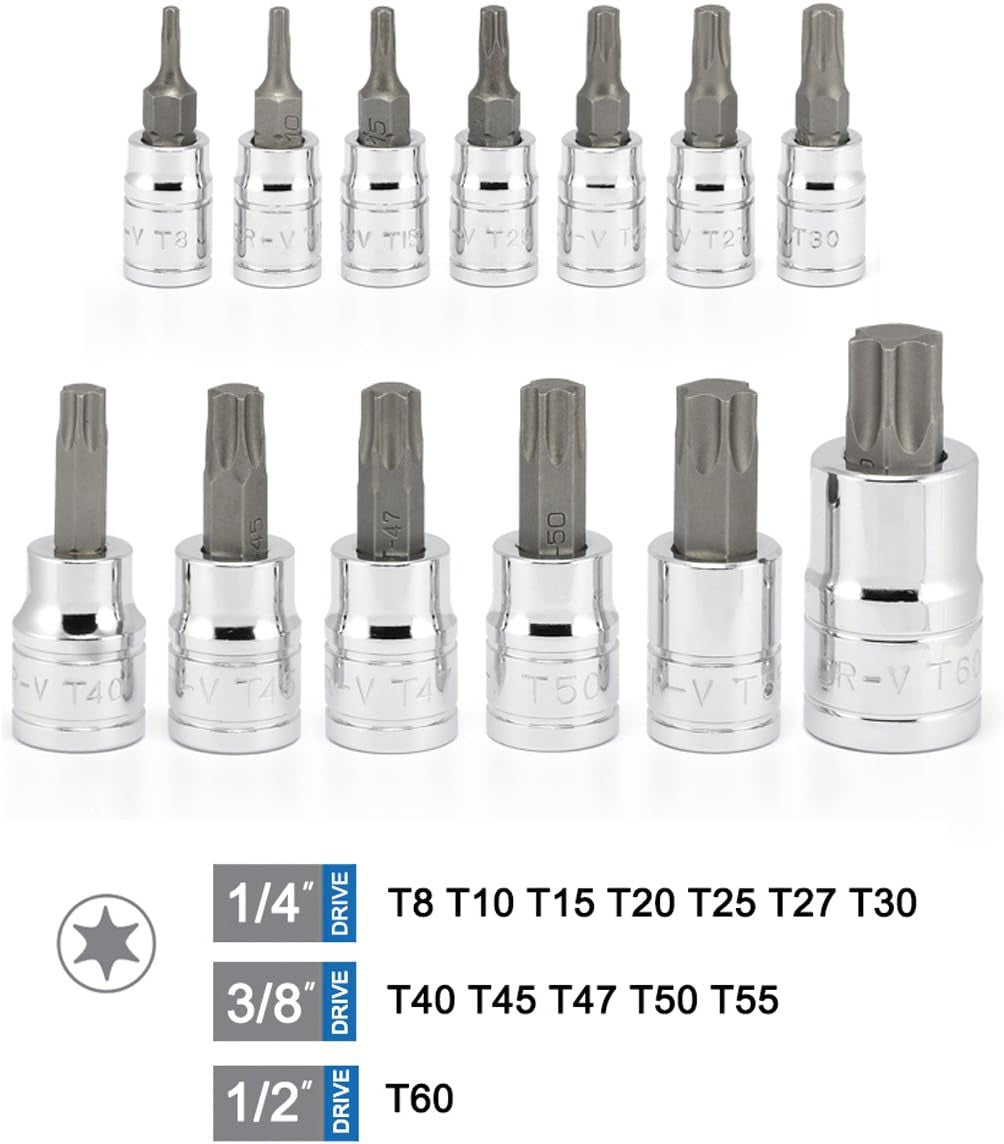 10071A 13-Piece Metric Hex Bit Socket Set, Torx Bit Socket Set, S2 and Cr-V Steel, 1/4-Inch, 3/8-Inch and 1/2-Inch Drive, 2Mm to 14Mm, Torx Bit Set, Torque Bit Set, Torx Socket Set