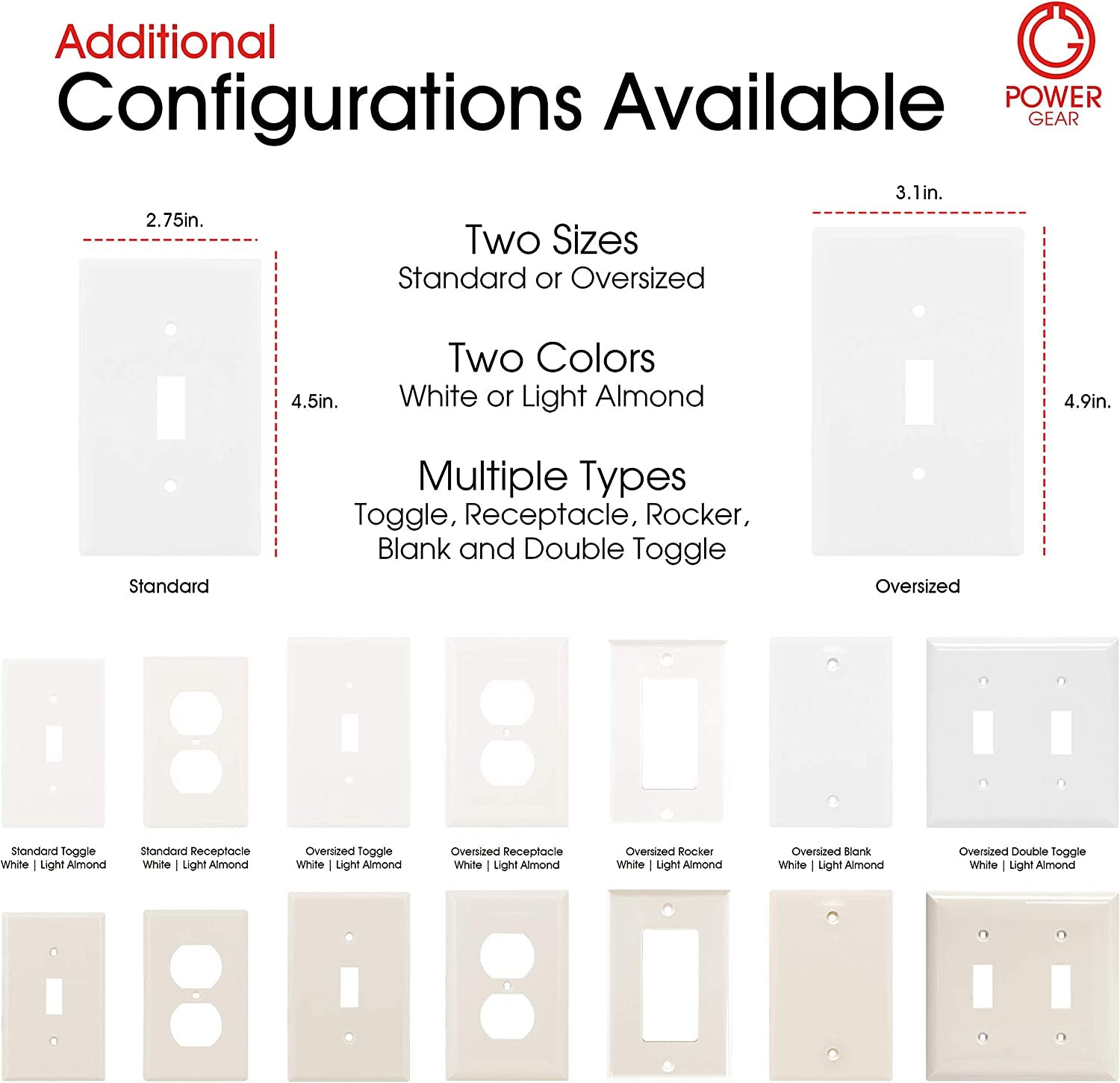 Single Oversized Wall Plate Cover, 1 Gang, Unbreakable Faceplate, 3.1” X 4.9”, Screws Included, White, 30864 Toggle Switch Wallplate