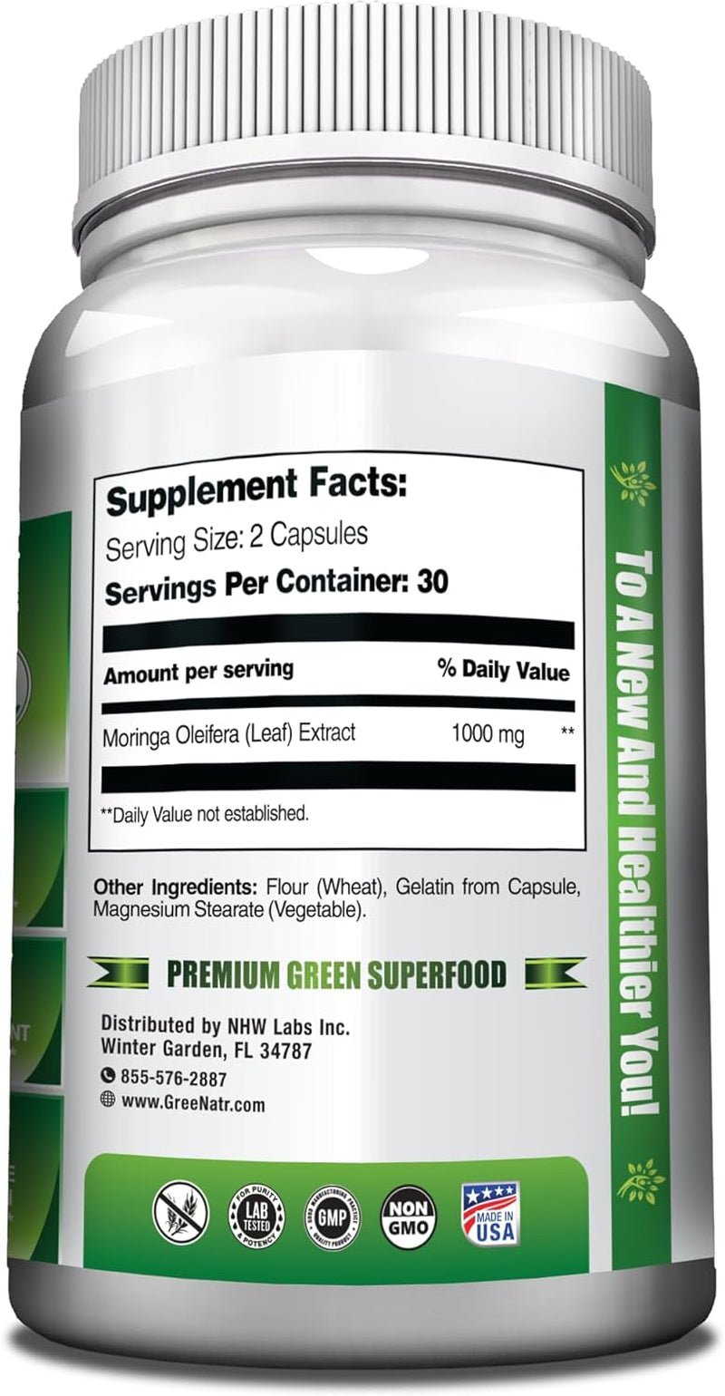 Pure Moringa Oleifera Leaf Extract Capsules, 1000 Mg per Serving. Gluten Free, NON GMO, Vegan Antioxidant Capsules. Natural Energy, Mood, Memory and Focus Enhancer. Premium Green Superfood (Pack of 3)