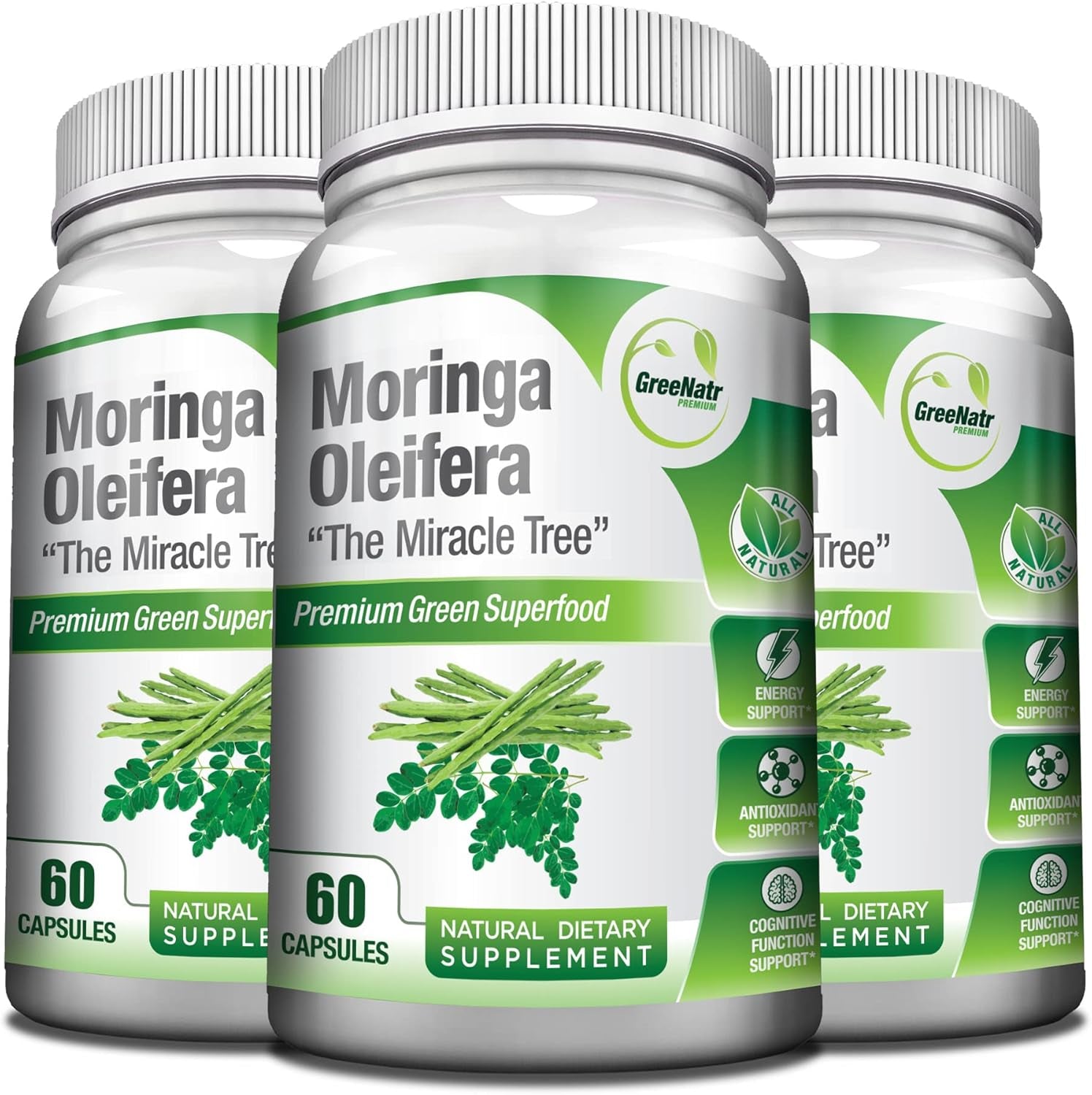 Pure Moringa Oleifera Leaf Extract Capsules, 1000 Mg per Serving. Gluten Free, NON GMO, Vegan Antioxidant Capsules. Natural Energy, Mood, Memory and Focus Enhancer. Premium Green Superfood (Pack of 3)