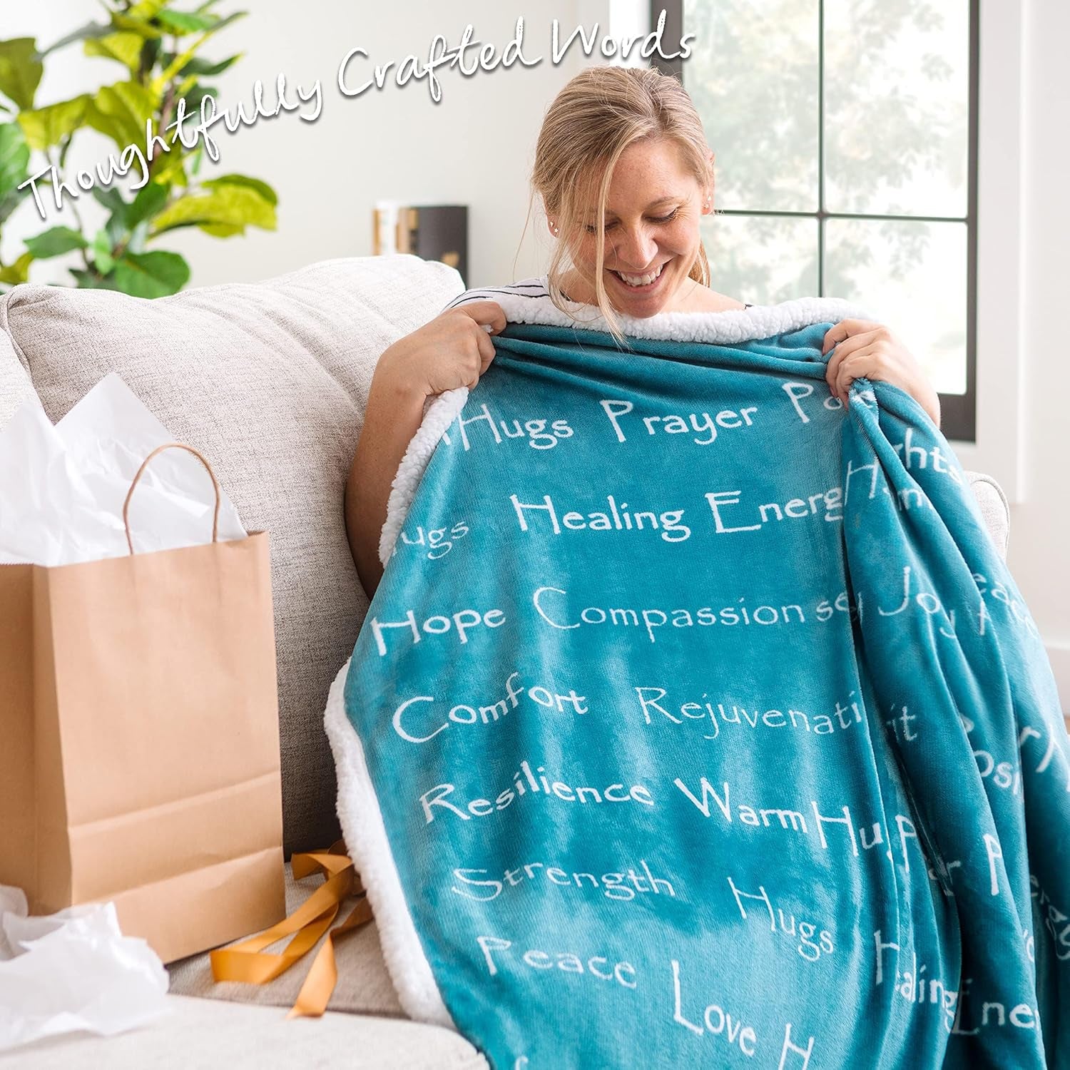 Healing Compassion Warm Hugs Caring Gift Blanket - for Positive Energy Love Support Comfort Strength - Cancer Chemo Surgery Get Well Gift - Patient Women Men Friend ( Twin ) Teal