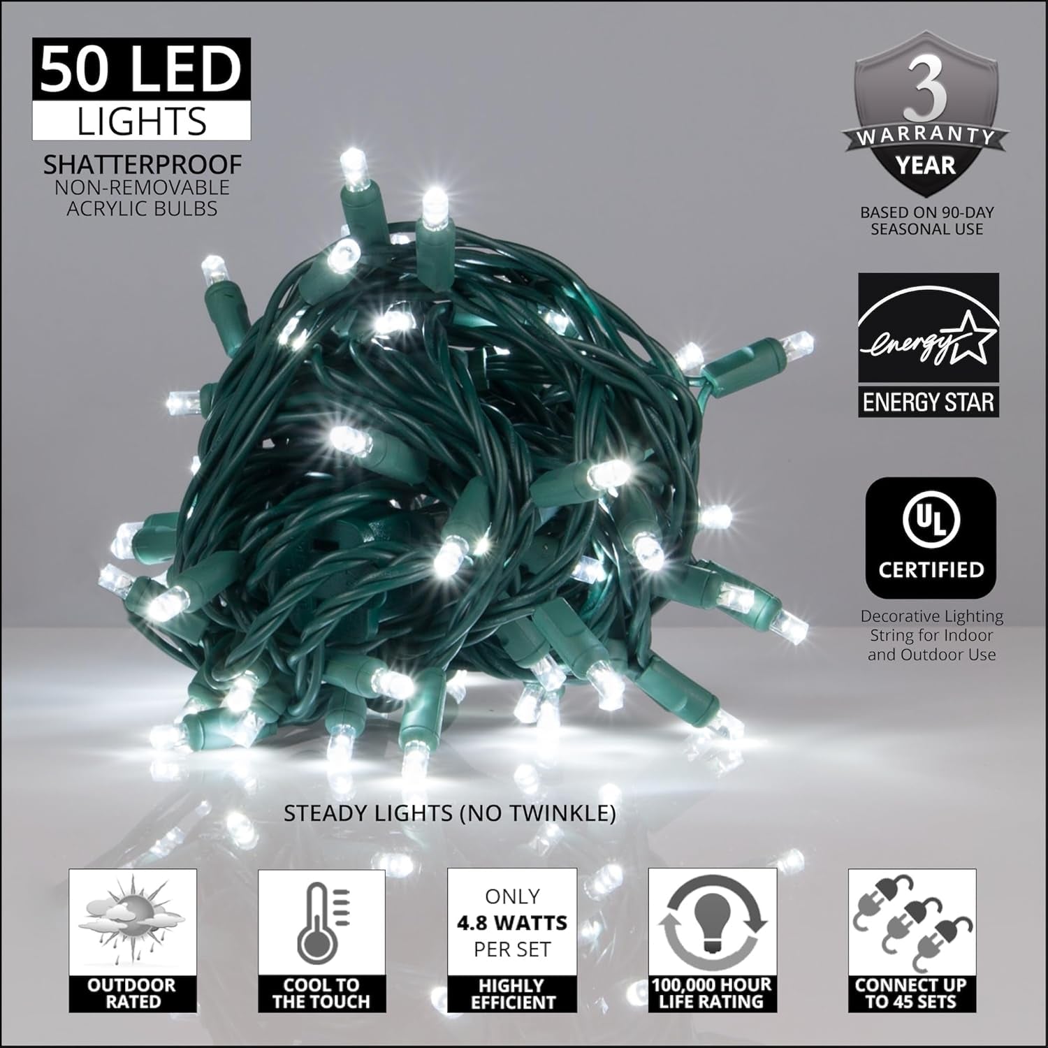 50 5Mm LED Cool White Christmas Lights, 6" Spacing, 25' White LED Christmas Lights Outdoor Tree Lights Holiday Lights Mini Lights Party House Bedroom String Lights