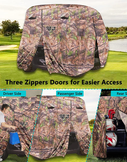 Load image into Gallery viewer, 4 Passenger Golf Cart Cover Fits EZGO, Club Car, Yamaha, 400D Waterproof Windproof Sunproof Outdoor All-Weather Polyester Full Cover with Three Zipper Doors - Black/Army Green/Sliver/Camouflage
