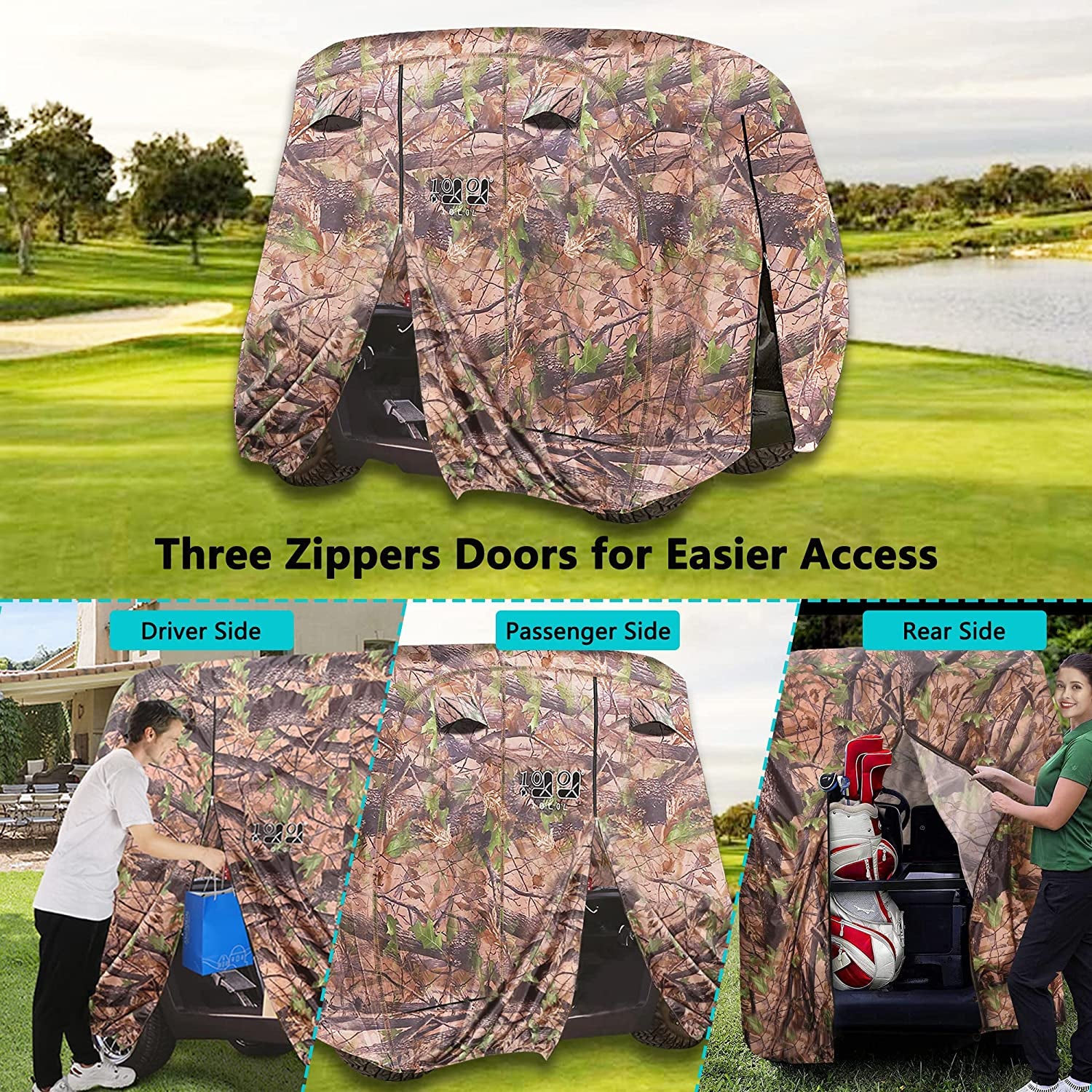 4 Passenger Golf Cart Cover Fits EZGO, Club Car, Yamaha, 400D Waterproof Windproof Sunproof Outdoor All-Weather Polyester Full Cover with Three Zipper Doors - Black/Army Green/Sliver/Camouflage