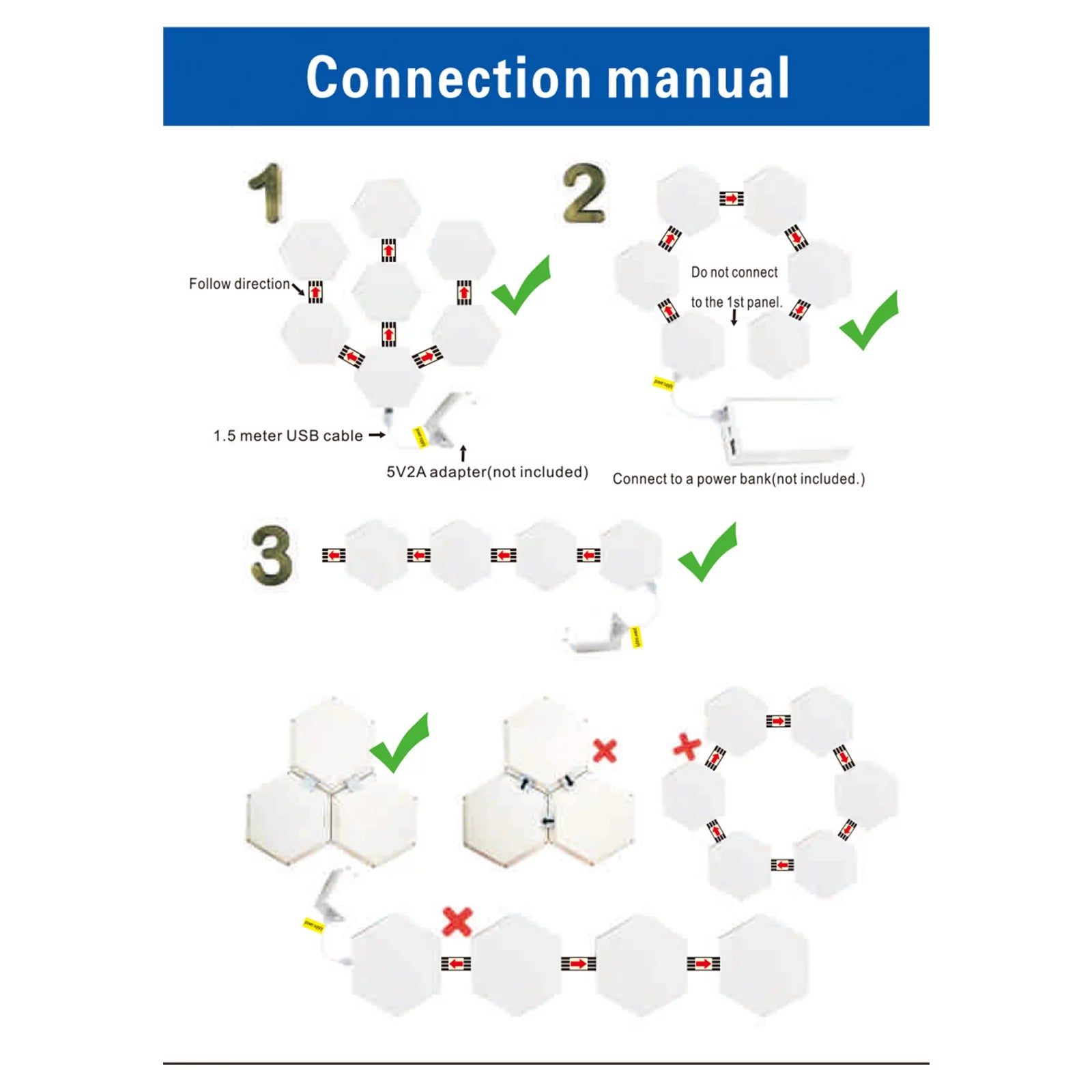 Hexagonal LED Wall Light 12 Count with USB Cable, Remote Control, User Manual, Adhesive Tape and Connecting Piece