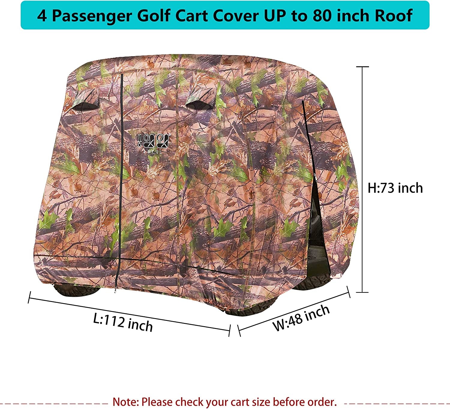 4 Passenger Golf Cart Cover Fits EZGO, Club Car, Yamaha, 400D Waterproof Windproof Sunproof Outdoor All-Weather Polyester Full Cover with Three Zipper Doors - Black/Army Green/Sliver/Camouflage