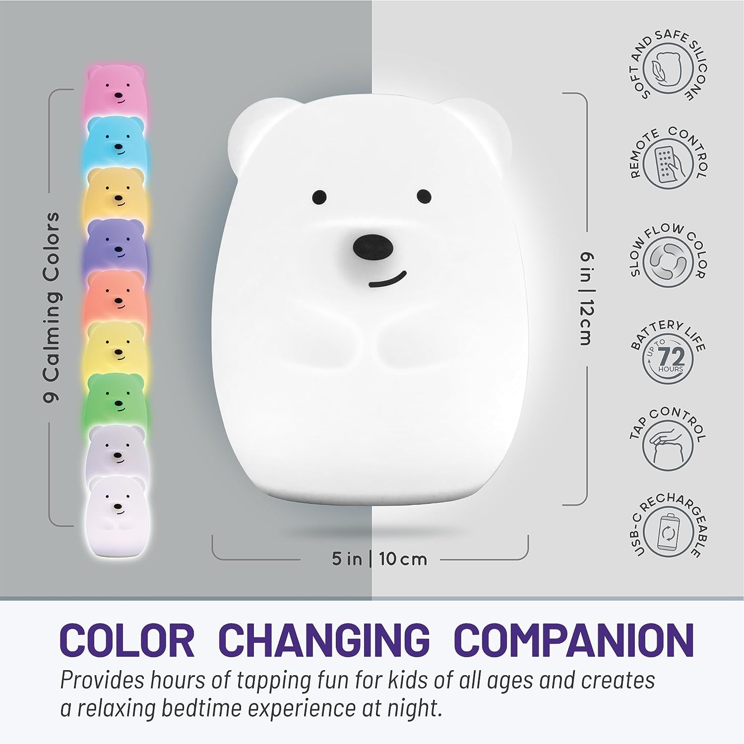 Lumipet Bear Jumbo Kids Night Light, Cute Nursery Light for Baby, Toddler, Silicone LED Lamp, Remote Operated, USB Rechargeable Battery, 9 Available Colors, Timer Auto Shutoff