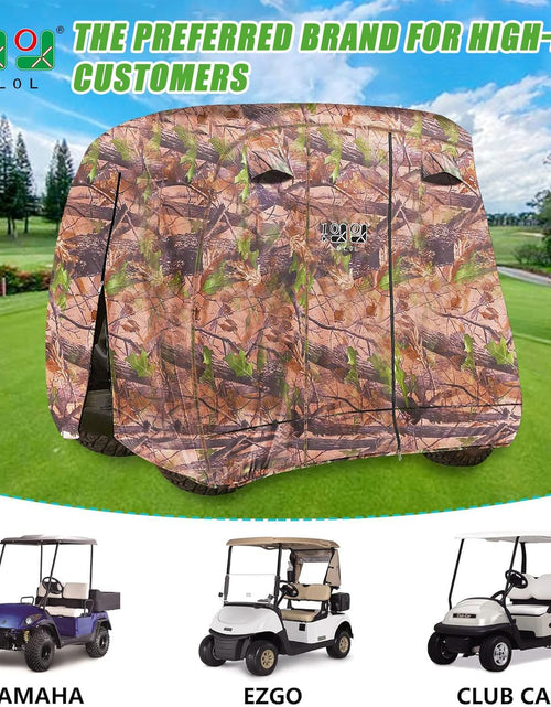 Load image into Gallery viewer, 4 Passenger Golf Cart Cover Fits EZGO, Club Car, Yamaha, 400D Waterproof Windproof Sunproof Outdoor All-Weather Polyester Full Cover with Three Zipper Doors - Black/Army Green/Sliver/Camouflage
