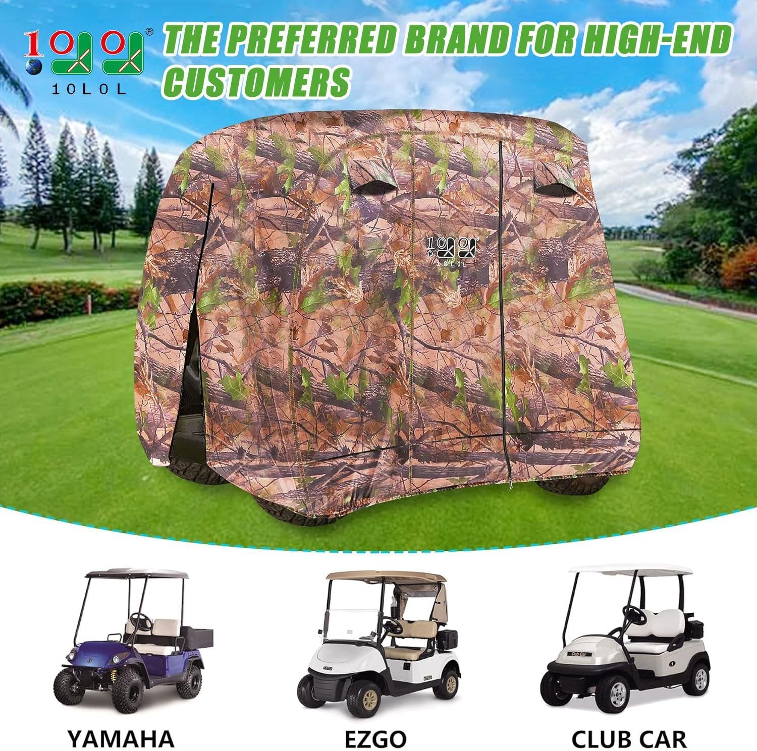 4 Passenger Golf Cart Cover Fits EZGO, Club Car, Yamaha, 400D Waterproof Windproof Sunproof Outdoor All-Weather Polyester Full Cover with Three Zipper Doors - Black/Army Green/Sliver/Camouflage