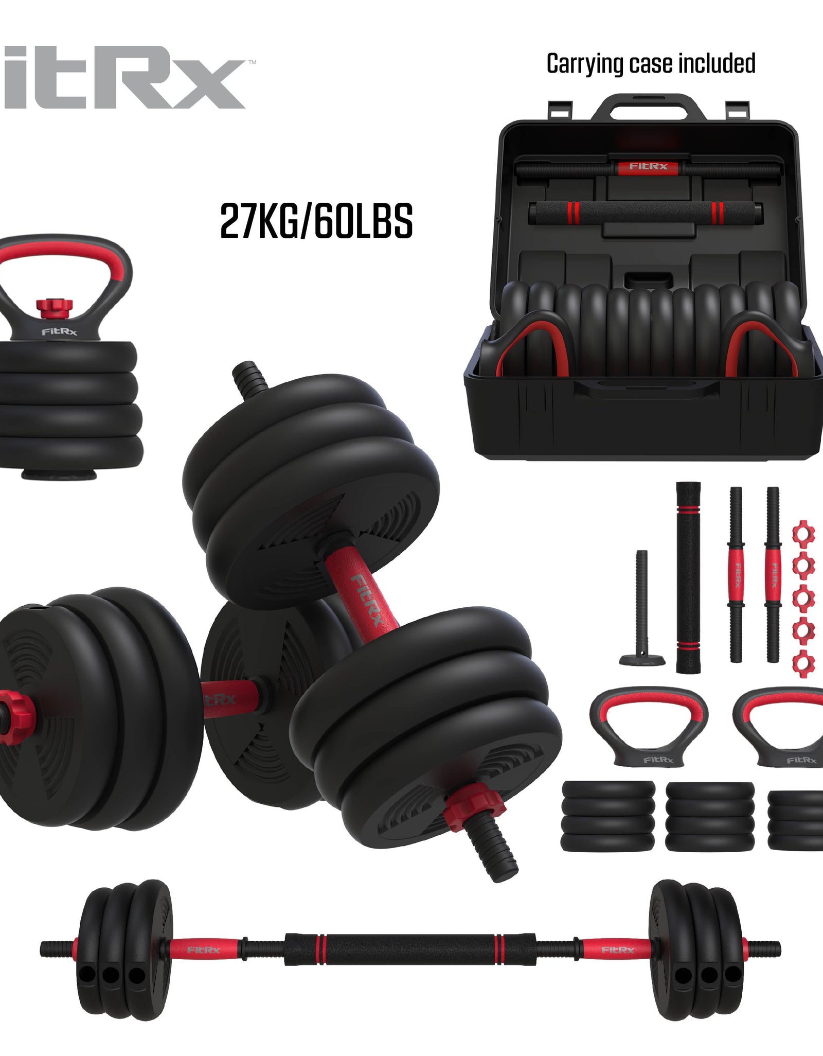 Smartbell Gym, 60 Lbs. 4-In-1 Adjustable Interchangeable Dumbbell, Barbell, and Kettlebell Weight Set, Black