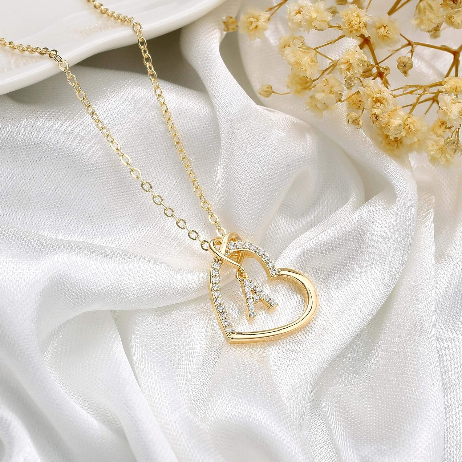 CZ Heart Pendant Initial Necklaces, 14K Gold Filled Heart Initial Necklaces for Teen Girls Women, Dainty Letter Necklace for Women Kids Girls Jewelry Cute Heart Necklace Jewelry for Girls Gifts