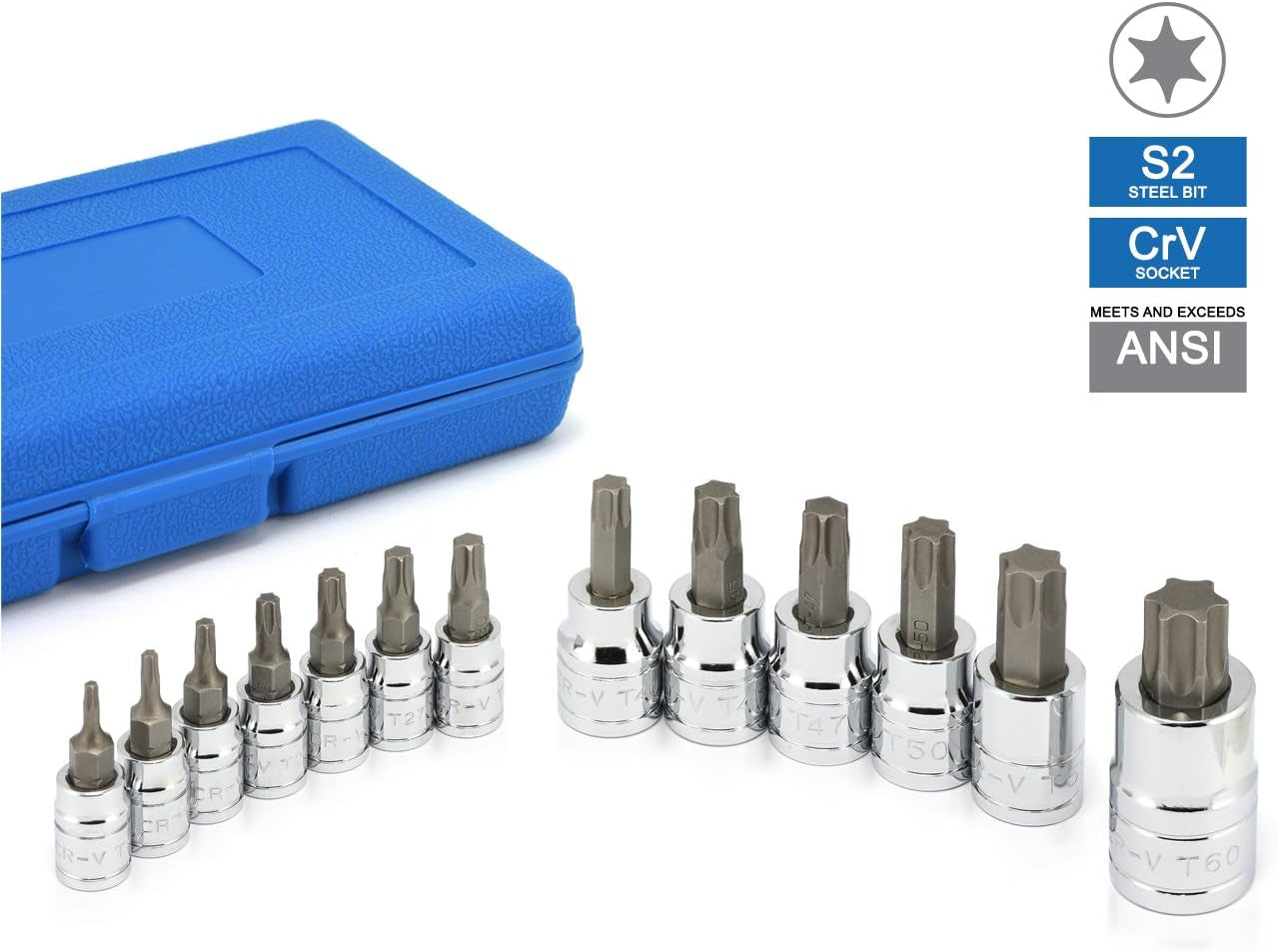 10071A 13-Piece Metric Hex Bit Socket Set, Torx Bit Socket Set, S2 and Cr-V Steel, 1/4-Inch, 3/8-Inch and 1/2-Inch Drive, 2Mm to 14Mm, Torx Bit Set, Torque Bit Set, Torx Socket Set