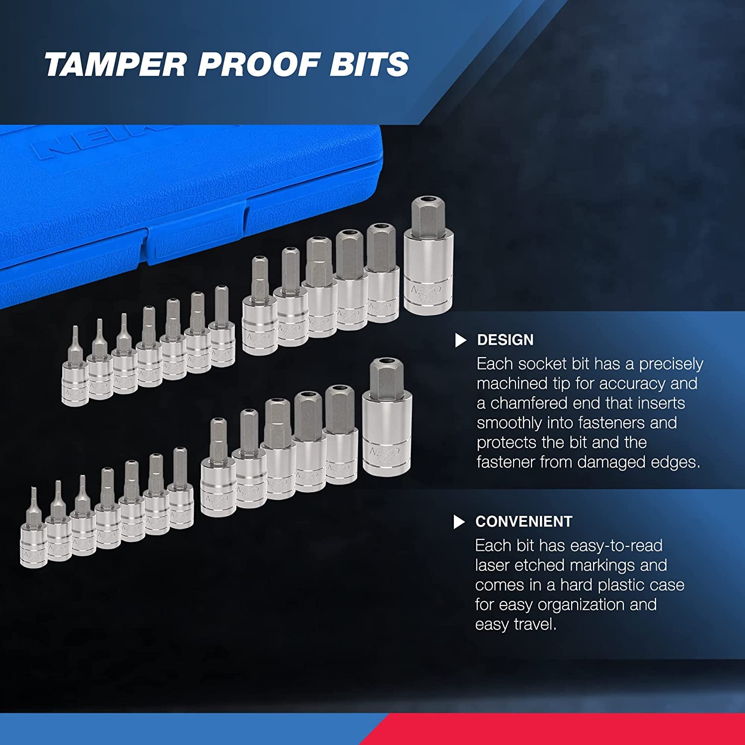 01144A Tamper-Proof Hex Bit Socket Set, 26 Pieces | SAE 5/64-9/16”, Metric 2-14MM