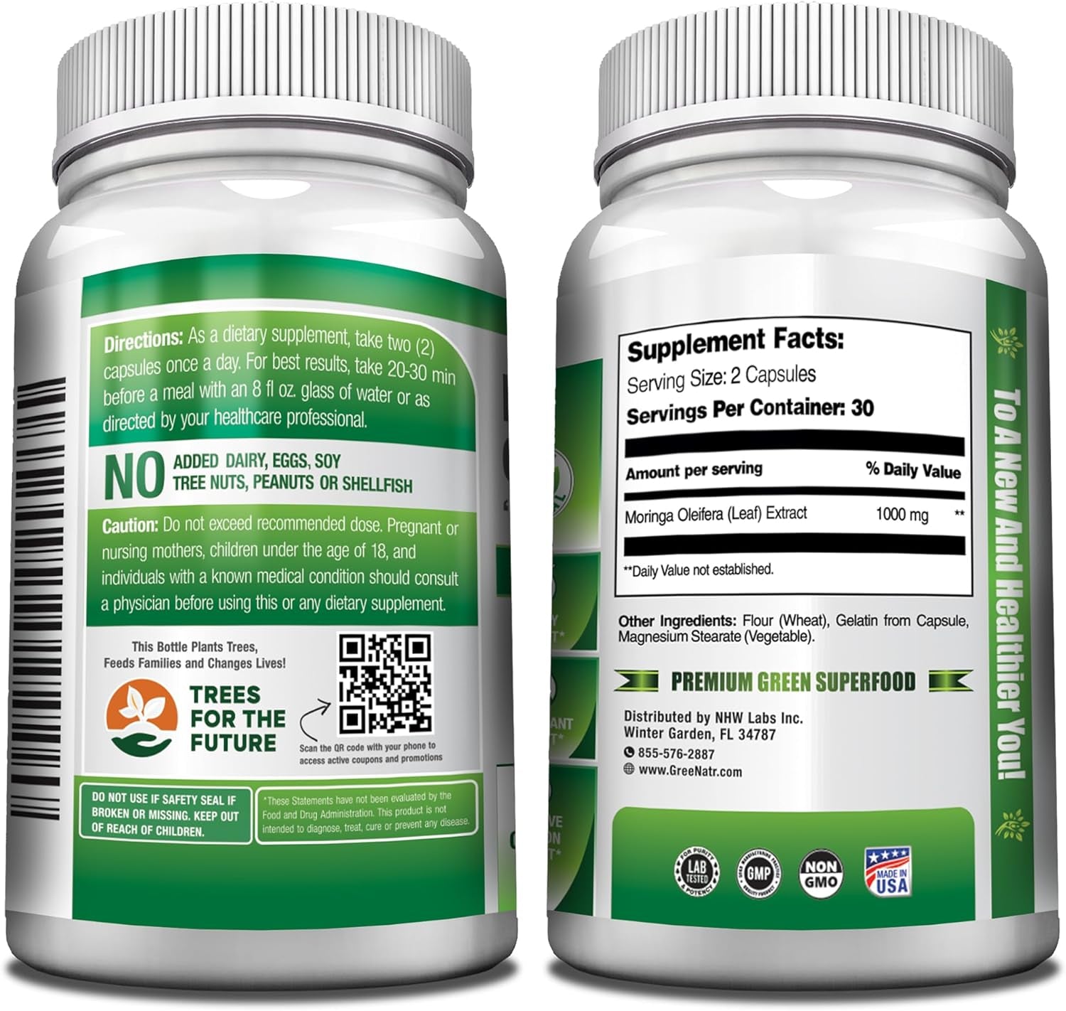 Pure Moringa Oleifera Leaf Extract Capsules, 1000 Mg per Serving. Gluten Free, NON GMO, Vegan Antioxidant Capsules. Natural Energy, Mood, Memory and Focus Enhancer. Premium Green Superfood (Pack of 3)