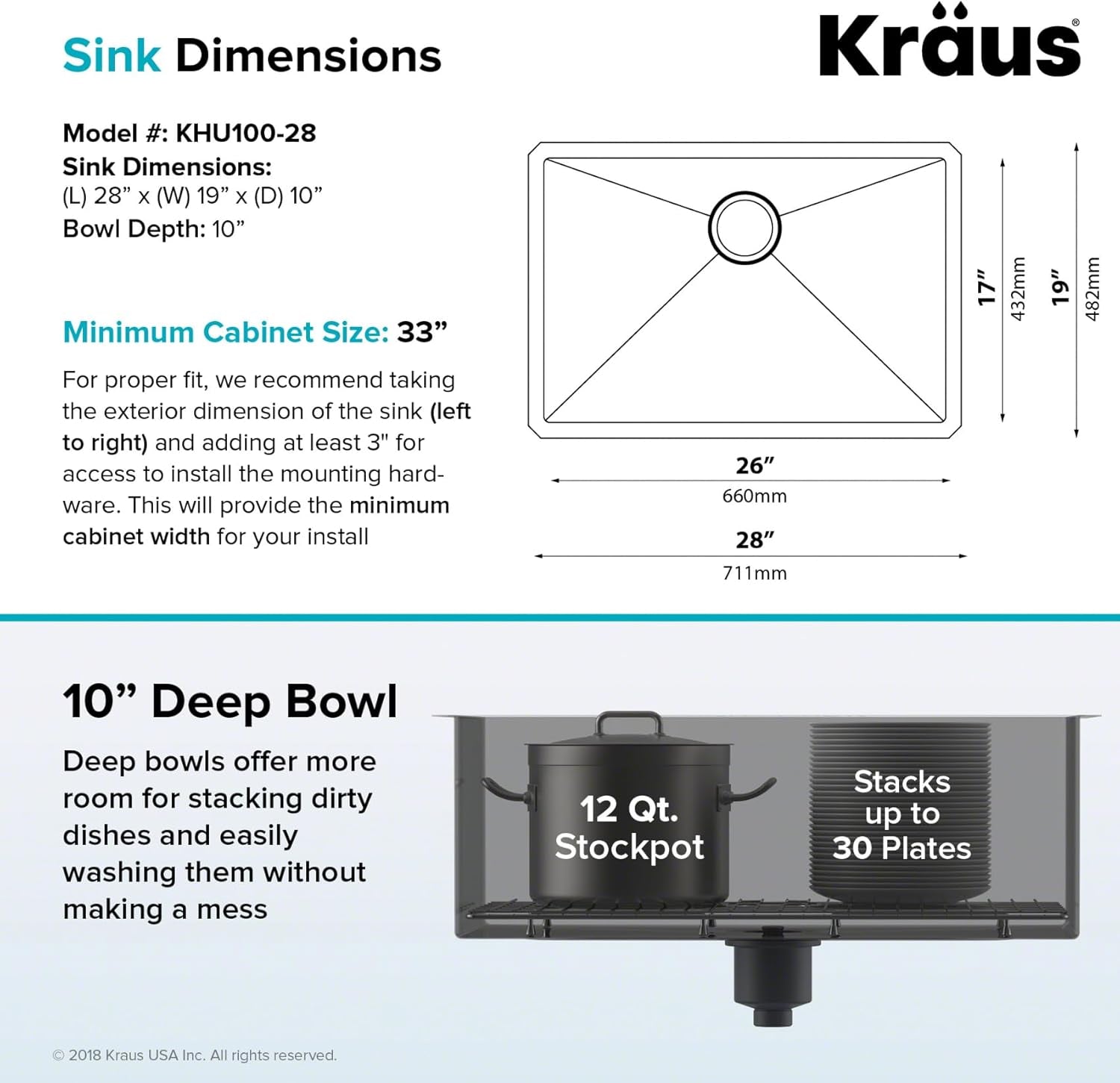 KHU100-28 Kitchen Sink, 28 Inch, Stainless Steel